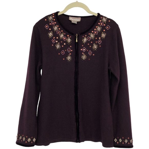 Tanjay Purple Maroon Full Zip Up Sweater Jacket embroidered collar + sleeves S - Picture 1 of 15